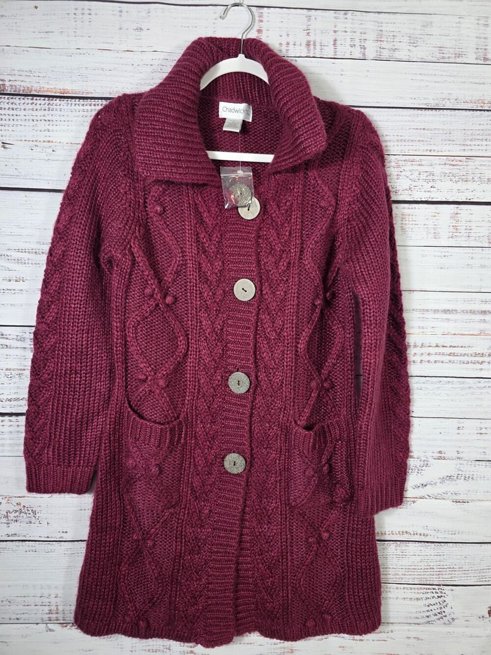 Chadwick's Cable Knit Cardigan Sweater Women's Medium Burgundy ButtonFrontPocket